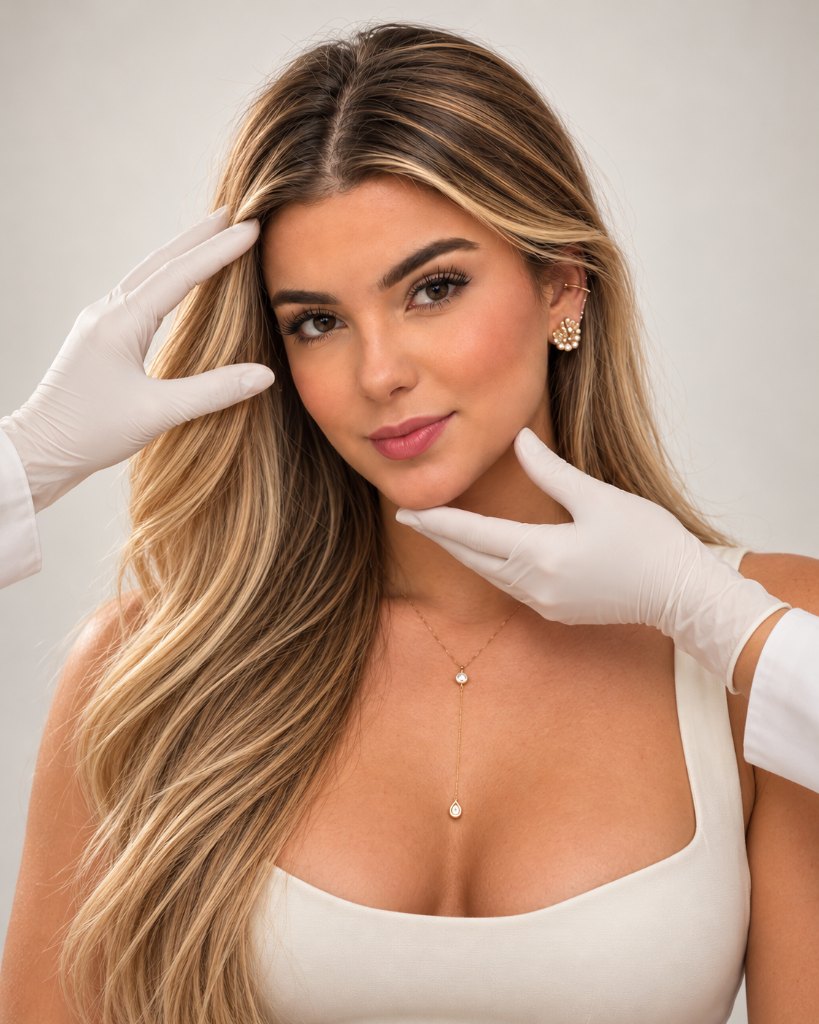 Imagem ilustrativa de harmonização full face: rosto inteiro em evidência com mãos de profissional